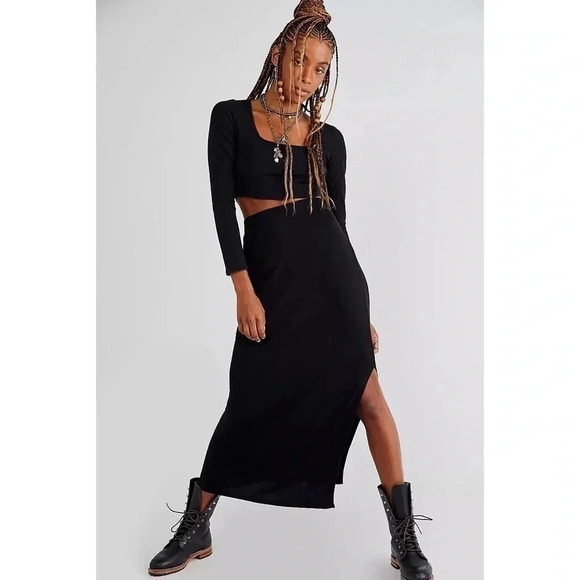 NWT Free People FP Beach Sun Shenanigans Set Midi Skirt Crop Top Matching Black - Picture 1 of 13